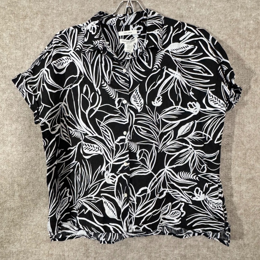 Christian Siriano Button Down Shirt Womens Small Black White Linen Tropical Boho